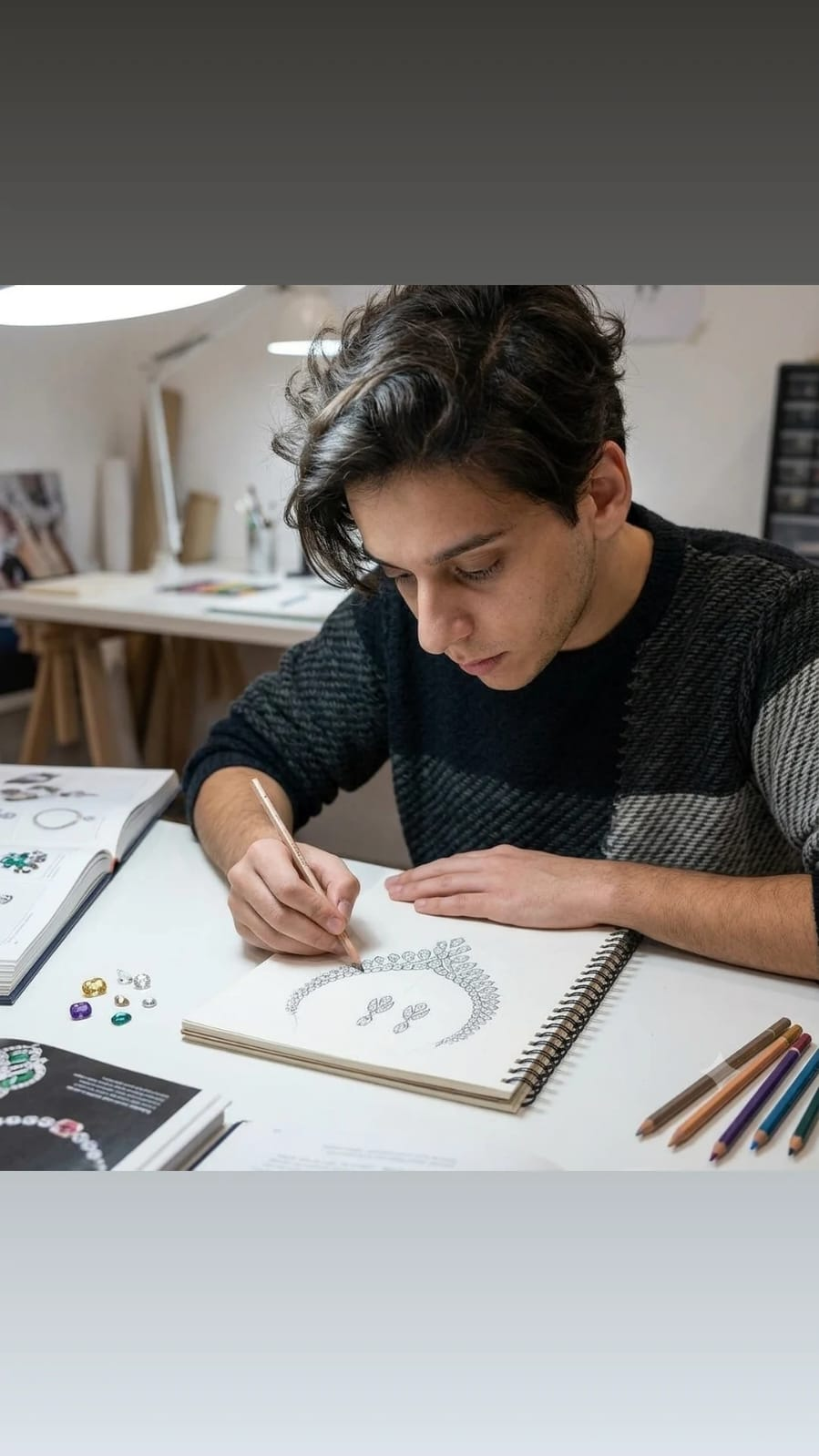 Táiguel desenhando uma joia em um caderno