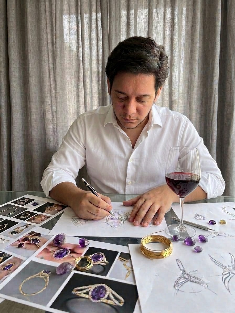 Táiguel desenhando joias à mesa, cercado de referências